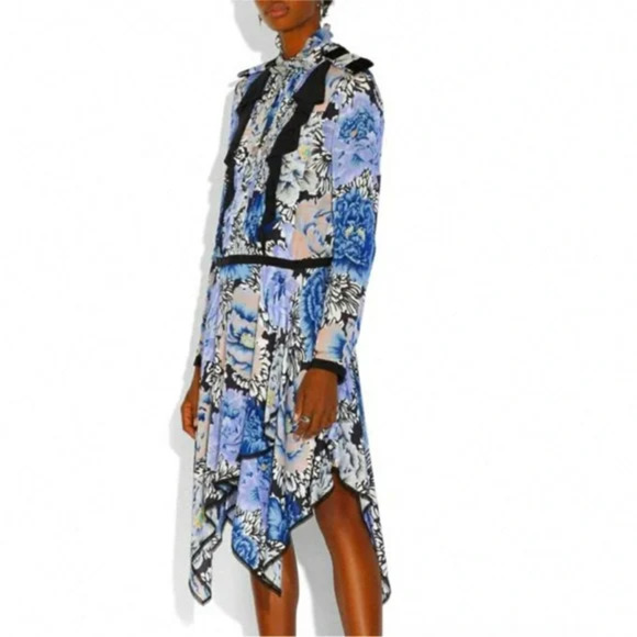 Coach 1941 x Kaffe Fassett Print Ruffle Pleated Dress blue black size 0 - Picture 1 of 11